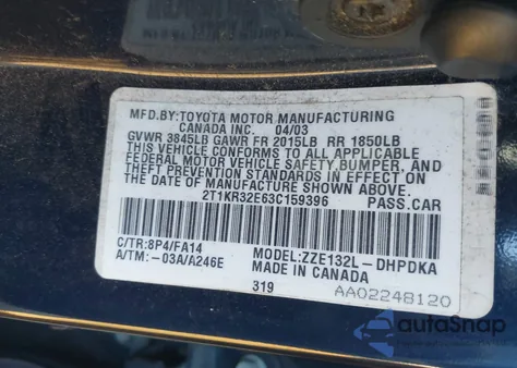 2003 Toyota Matrix Standard from USA, damaged, VIN 2T1KR32E63C159396